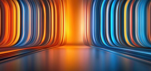 Fototapete - Infrastructure elegant concept. Vibrant hallway with glowing orange and blue light hues, creating a futuristic and abstract environment.
