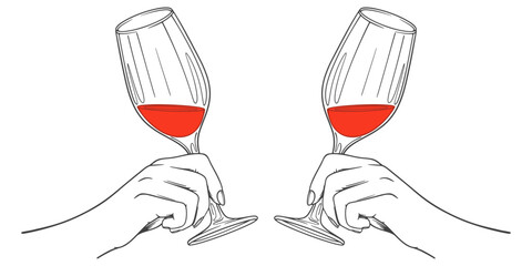 Hand drawn wine clinking glasses line art, line art drawing contour. Cheers toast festive decoration for holidays,romantic Valentine's Day design. Isolated.Vector
