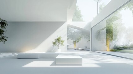 Poster - Spacious modern living room features minimalist design and abundant natural light from large windows overlooking the outside greenery. Generative AI