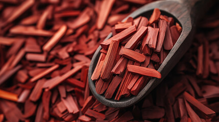 Close-up of a wooden spoon with red sandalwood chips on a pile of similar wood shavings, creating a rich texture and warm color palette.