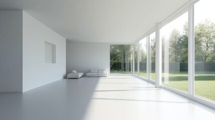 Aufkleber - A spacious living room features bright natural light streaming through large windows, creating an inviting atmosphere with minimal furnishings. Generative AI