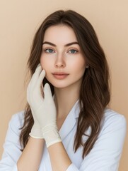 Poster - A young woman gently touches her face while wearing a white coat and gloves in an aesthetic clinic, ready for consultation. Generative AI