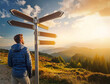 © psychoshadow - Person stands at crossroad with multiple blank signposts pointing in different directions. Male explorer looks from top of the hill at sunset had to decide which way to choose