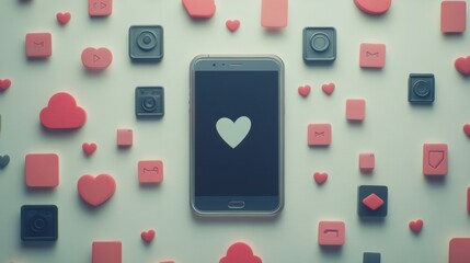 Poster - A smartphone displaying a heart symbol is encircled by various colorful notification icons, symbolizing social media engagement and connectivity. Generative AI