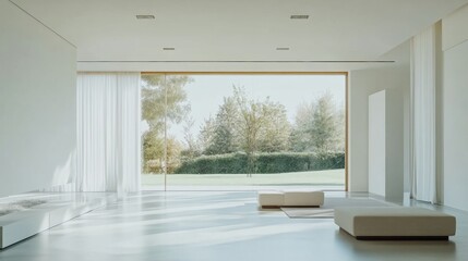 Poster - A spacious living room features clean lines and a bright atmosphere, with sunlight streaming through large windows overlooking a lush garden. Generative AI