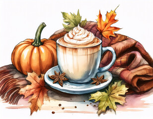 Wall Mural - A cozy fall scene with a cup of pumpkin spice latte, a pumpkin, and autumn leaves