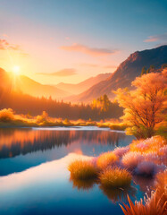 Fototapete - Paisaje de un atardecer con vegetación de colores, lago y cielo azul.