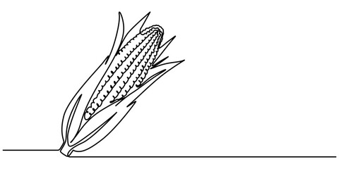 Maize ear in continuous line art drawing style. Corn cob black linear sketch isolated on white background. Vector illustration, Continuous one line drawing of corn icon in silhouette on a white.