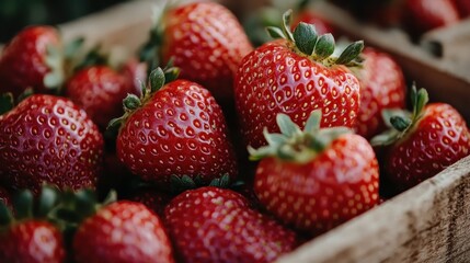 Wall Mural - Vibrant red strawberries are packed neatly in a rustic wooden crate, capturing their juicy freshness. Bright lighting highlights the berries' natural texture.