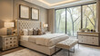 © aqib - A luxurious king-size bed with a tufted headboard, matching nightstands, and a dresser, all in a spacious bedroom with large windows and soft lighting.