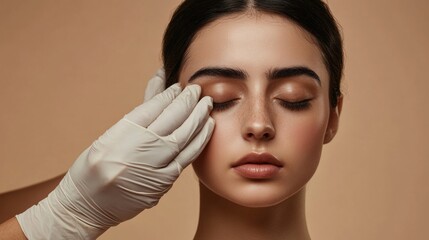 Poster - A medical professional applies skincare products to a woman's face while she relaxes in a contemporary clinic environment. Generative AI