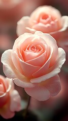 Wall Mural - Delicate pink roses in soft focus, showcasing their intricate petals and romantic beauty, creating a serene and uplifting mood.