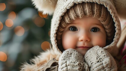 Adorable baby in a cozy knit hat and mittens