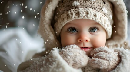 Winter season baby wearing knit hat and mittens