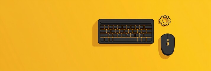Leinwandbilder - A black keyboard and mouse sit on a vibrant yellow background, featuring a gear overlay that symbolizes tech design and functionality. Generative AI