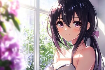 Poster - A young woman enjoys the bright and cozy atmosphere of a modern living room filled with colorful flowers and ample natural light. Generative AI