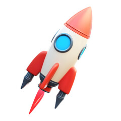 Poster - Transparent background cartoon rocket ship launching into space with flames shooting from its engines