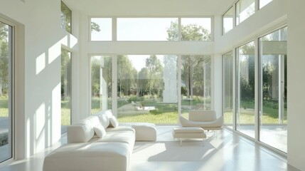Poster - This living space features ample sunlight through large windows, highlighting a minimalist decor and a direct view of the greenery outside. Generative AI