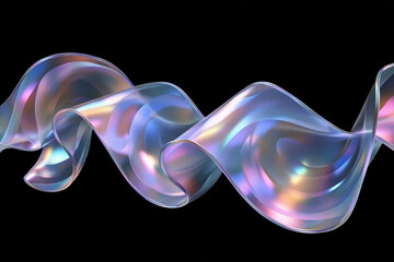 Wall Mural - abstract iridescent glass shape, wavy ribbons isolated on a black background