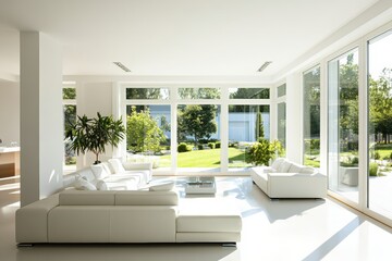 Poster - This bright living room features white furniture and expansive windows that offer a beautiful view of the outdoor greenery. Generative AI