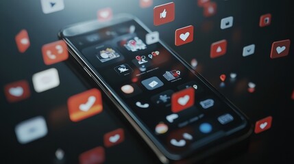 Poster - A smartphone on a flat surface shows colorful icons for notifications, likes, and comments, highlighting social media interactions. Generative AI