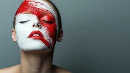 A dynamic conceptual portrait featuring a face artistically covered in vivid red and white paint, symbolizing the interplay between boldness and peace.