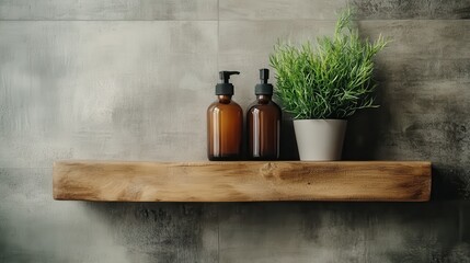 Wall Mural - A minimalist presentation of two amber bottles accompanied by a fresh green plant, placed on a sleek wooden shelf against an urban gray textured wall background.