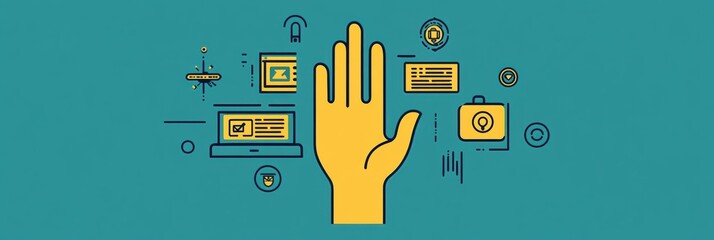 Leinwandbilder - A hand icon stretches towards a computer screen filled with various settings and security icons in a tech workspace. Generative AI