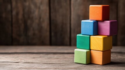 An arrangement of brightly colored wooden blocks stacked in a pyramid formation on a wooden surface, evoking a sense of childhood playfulness and creativity.