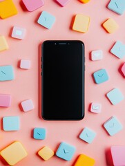 Aufkleber - A sleek smartphone rests on a soft pastel surface, surrounded by various vibrant icons representing notifications, likes, and comments. Generative AI