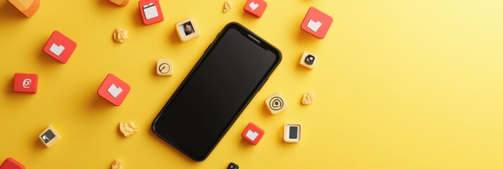 Fototapete - A smartphone sits on a vibrant yellow background, encircled by various notification icons indicating engagement and interactions. Generative AI