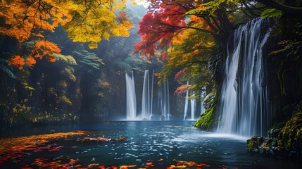 Vibrant autumn leaves surrounding the majestic Fukuroda Falls, capturing the serene beauty of nature in Japan's countryside. --ar 169 --v 6.0 - Image #4 @liaqat