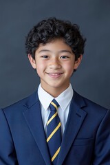 image for school yearbook, body facing the left, chinese white teen boy, 16 years old, black curly hair, in plain navy blue blazer, generative ai