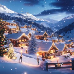 Canvas Print - Mountain village in Chrismas