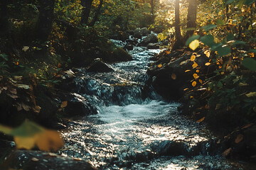 Wall Mural - Sunlight filters through the autumn leaves, illuminating a serene forest stream. The water glistens, creating a tranquil scene.