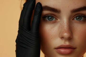 Leinwandbilder - A young woman with clear skin is preparing for a cosmetic procedure, showcasing the anticipation of a beauty enhancement treatment. Generative AI
