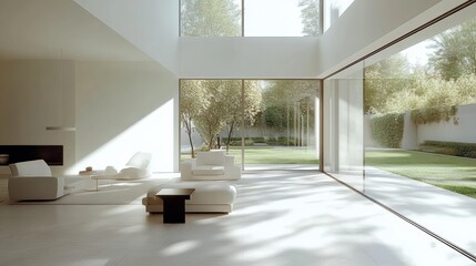 Poster - This modern living room features bright light streaming through large windows, creating a serene atmosphere with garden views. Generative AI