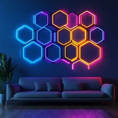 Wall Mural - glowing neon hexagon shapes pulsating with futuristic energy and innovation.
