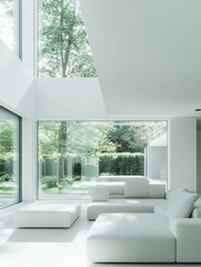 Poster - This living room showcases a spacious, bright design with large windows offering views of a green garden, inviting natural light throughout. Generative AI