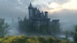 Medieval castle emerging from fog at sunrise with birds flying