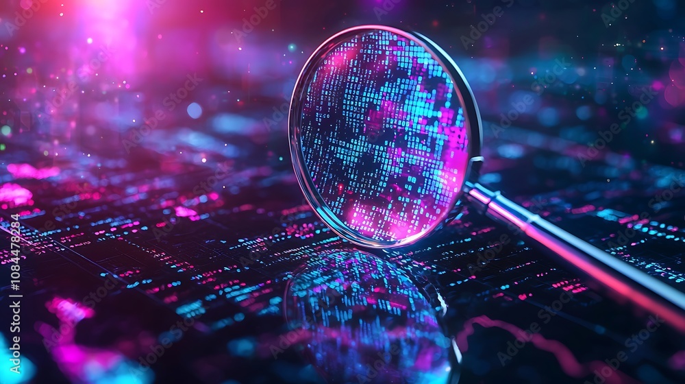 A magnifying glass over digital data with a business chart background ...