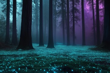Wall Mural - A forest at night with trees glowing in the dark. The blue glow of the trees creates a serene and peaceful atmosphere, as if the forest is alive and glowing with energy