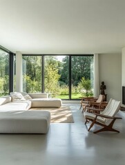 Wall Mural - This modern living room features a bright atmosphere, large windows, and a mix of comfortable furniture, perfect for relaxation in nature. Generative AI