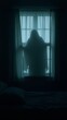 © Andrey - Mysterious figure standing behind sheer curtains on a foggy night in a dimly lit room