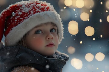 niÃ±o con gorro de Sant Claus, estÃ¡ nevando, fondo de aveto decorado con mini lucecitas de navidad, realistic, photo-realistic, hyperrealism, 8k, generative ai