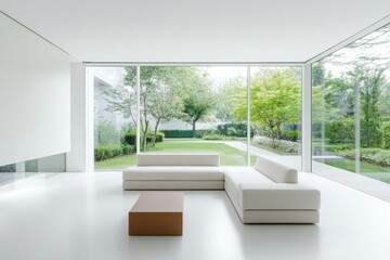 Wall Mural - A spacious living room features a minimalist design with a comfortable sofa and a wooden coffee table, offering a view of lush greenery outside. Generative AI