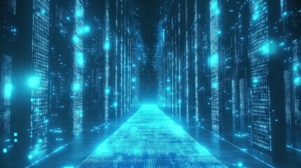 Blue binary code background with glowing lights and data flowing, technology concept