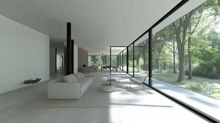 Poster - Bright and airy living room features large glass windows providing a scenic view, highlighting sleek furniture and an open layout. Generative AI