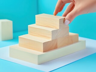 Wall Mural - Business concept growth success process, Close up Woman hand arranging wood block stacking as step stair on paper blue background, copy space.