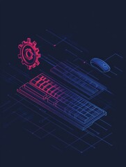 Leinwandbilder - This design showcases a keyboard with a mouse and gear overlay, highlighting a fusion of technology and digital creativity in an abstract style. Generative AI